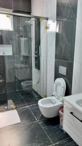 a bathroom with a toilet and a shower and a sink at Kathy's place in Nyali in Mombasa +11 photos