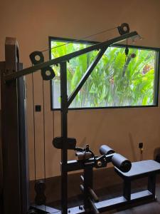 a gym with a treadmill and a window at The Clifton Ubud Valley in Ubud