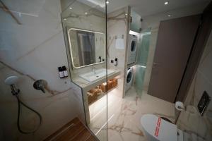 a bathroom with a shower and a sink and a toilet at POSEIDON Executive Suite in Athens