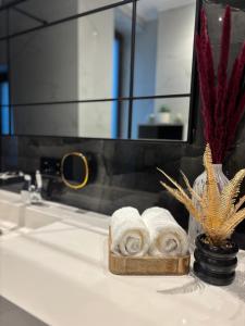a bathroom with towels on a sink with a mirror at Ferienwohnung Iridam in Jugelsburg