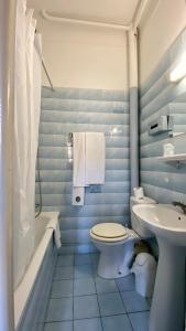 un bagno blu e bianco con un water e un lavandino di Au Royal Hotel a Carcassonne