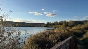 a view of a lake with a wooden bridge at Alma del Lago - Charming Apartments- il Carpignone in La Pesta