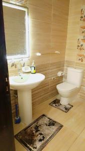 ein Badezimmer mit Waschbecken und Toilette und einem Fenster in der Unterkunft كمبوند وصال ريزيدنس أمام مدينتي in Madīnat ash Shurūq