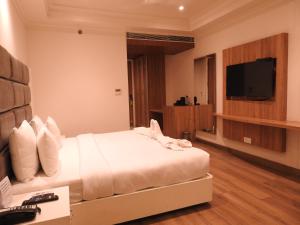 デヘラードゥーンにあるSapphire Sky Hotelのベッドと薄型テレビがあるホテルの部屋