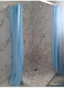 a shower with a blue shower curtain in a bathroom at RestHaus in Goodwood