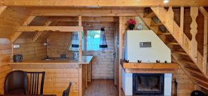 a kitchen and living room of a tiny house at Uroczysko Domki in Zarzecze