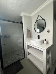 a white bathroom with a sink and a mirror at The Sheperd's Cottage in Joubertina +19 photos