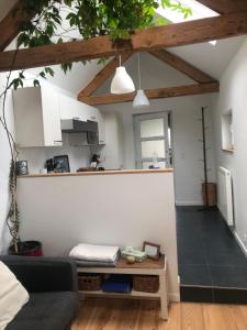 ein Wohnzimmer mit Couch und Küche in der Unterkunft Le Buis in Genval