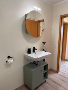 een badkamer met een wastafel en een spiegel bij Ferienwohnung in den Mühlgärten in Dahn