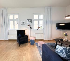 TV a/nebo společenská místnost v ubytování Studio Alte Mädchenschule, Sauna, 6 Personen, Hund, am Saurierpark, Boxsprinbetten, gratis Kaffee und Tee, Minibar