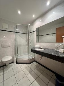 a bathroom with a shower and a toilet and a sink at PANORAMA Hotel Heimbuchenthal in Heimbuchenthal