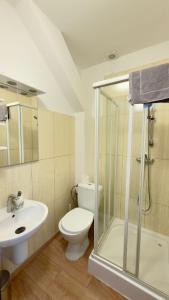 a bathroom with a toilet and a sink and a shower at KING Guest Inn in Drawsko Pomorskie