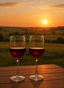 two glasses of wine sitting on a table with the sunset at Birdsong in Saint-Éloy-les-Tuileries