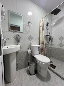 a bathroom with a toilet and a sink and a mirror at Shahina in Samarkand