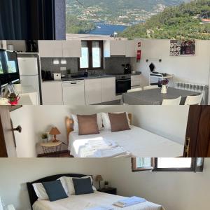 two pictures of a kitchen and a living room with a bed at Casa da Laija - Andar de Moradia - Gerês - Vistas rio in Geres