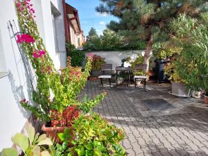 a courtyard with flowers and tables and chairs at Virágos Lakás in Győr