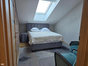 een slaapkamer met een bed en een dakraam bij Apartament Pałac Tryllingów in Białystok
