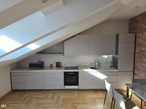 een zolderkeuken met witte kasten en een dakraam bij Apartament Pałac Tryllingów in Białystok