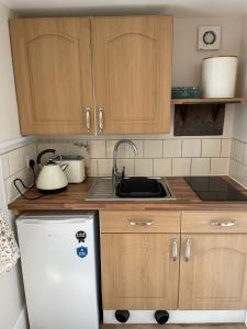 a kitchen with a sink and a white refrigerator at Deer Lodge in Thornton Curtis