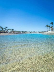 a beach with blue water and palm trees on it at ميراج باي اكوا بارك in Hurghada +13 photos