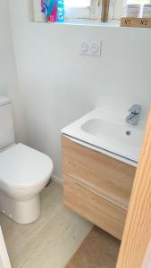 a bathroom with a toilet and a sink at A 800 metres de la plage, maison de vacances, parking, terrasse in Plérin