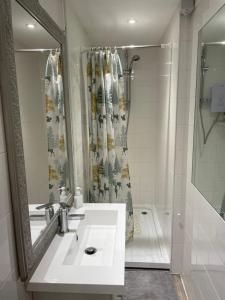 a bathroom with a sink and a shower with a mirror at Deer Lodge in Thornton Curtis +12 photos