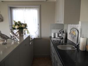 a kitchen with a bird sitting on the counter at Ferienwohnung Sönshörn S8R In Munkmarsch in Munkmarsch