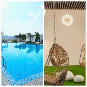 Deux photos d'une piscine avec une balançoire dans l'établissement EQhaleef Home_Ostia Bangi, à Bandar Baru Bangi