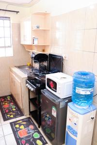 a small kitchen with a stove and a microwave at Solace Park Apartments in Gatunga +5 photos
