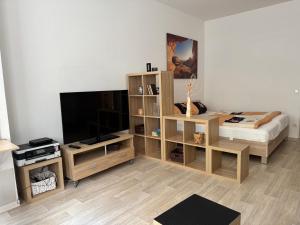 a living room with a large entertainment center with a flat screen tv at Appartement Chemnitz-Kaßberg in Chemnitz