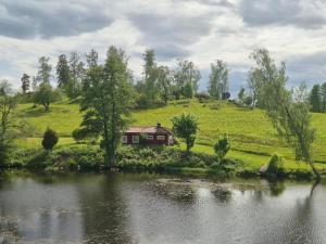 a house on a hill next to a body of water at The old henhouse in Tenhult