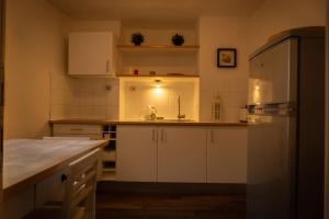 a kitchen with white cabinets and a refrigerator at Residence Fink Central Apartments in Bolzano