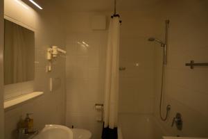 a bathroom with a shower and a sink and a toilet at Residence Fink Central Apartments in Bolzano +12 photos