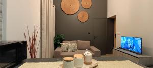 Una sala de estar con un sofá y un televisor. en HomeLand Place AL, en Horta