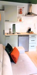 a living room with a couch and a kitchen at Le Cocon d'Anna - Le studio in Dole