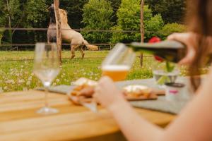 Eine Frau, die mit einem Glas Wein am Tisch sitzt. in der Unterkunft Parcel Tiny House I Elevage du Puits Carré in Dame-Marie