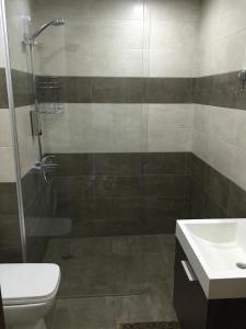 a bathroom with a shower and a toilet and a sink at Sea Towers 2 room apartment in Batumi +17 photos
