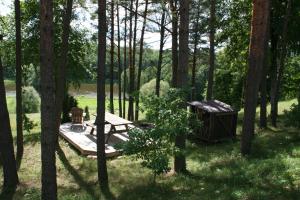 a picnic table and a trash can in the woods at Vienkiemis prie Merkinės in Merkinė +16 photos