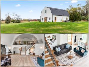 deux photos d'une maison blanche et d'un salon dans l'établissement New Barn House 1 BR & BIG Loft on 3 serene acres, à Fairplay