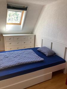 een slaapkamer met een bed met blauwe lakens en een raam bij RoDo - kleines ruhiges Condo an der A8 in Kirchheim unter Teck