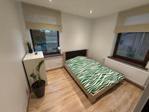 una camera con un letto in una stanza con due finestre di The Guugers 