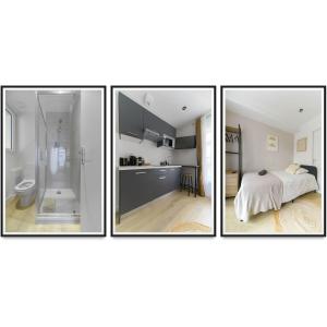 three pictures of a bathroom with a shower and a bedroom at Résidence Louis B - Appartements design et climatisés in Vichy +85 photos