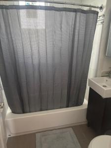 ein Badezimmer mit Duschvorhang und Waschbecken in der Unterkunft Homestay Near South Bay Mall & Andrew Train Station in Boston