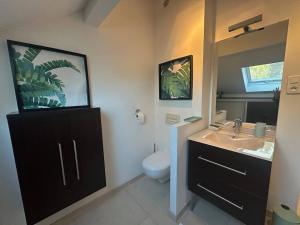 a bathroom with a sink and a toilet and a mirror at Les Alois 10 min to Disneyland in Couilly-Pont-aux-Dames +14 photos