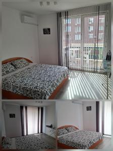 two pictures of a bedroom with two beds and a window at Apartment Active Sport in Pazardzhik
