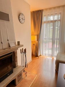 パンポロボにあるGardenia Apartment Pamporovoのリビングルーム(暖炉、壁掛け時計付)