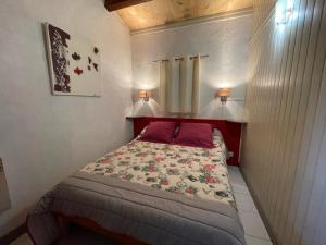 - une petite chambre avec un lit et des oreillers rouges dans l'établissement Gîte Grange - Village De Gîtes, à Rosières