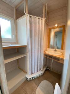 une salle de bain avec un rideau de douche et un lavabo dans l'établissement Gîte Romarin 2 - Village De Gîtes, à Rosières