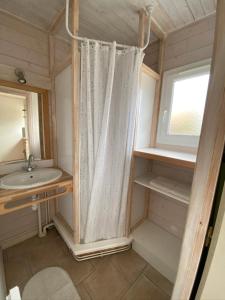 une salle de bain avec un rideau de douche et un lavabo dans l'établissement Gîte Romarin 1 - Village De Gîtes, à Rosières