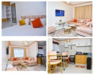 a collage of three pictures of a bedroom and a living room at Modern One-Bedroom Apartment in Kaaga